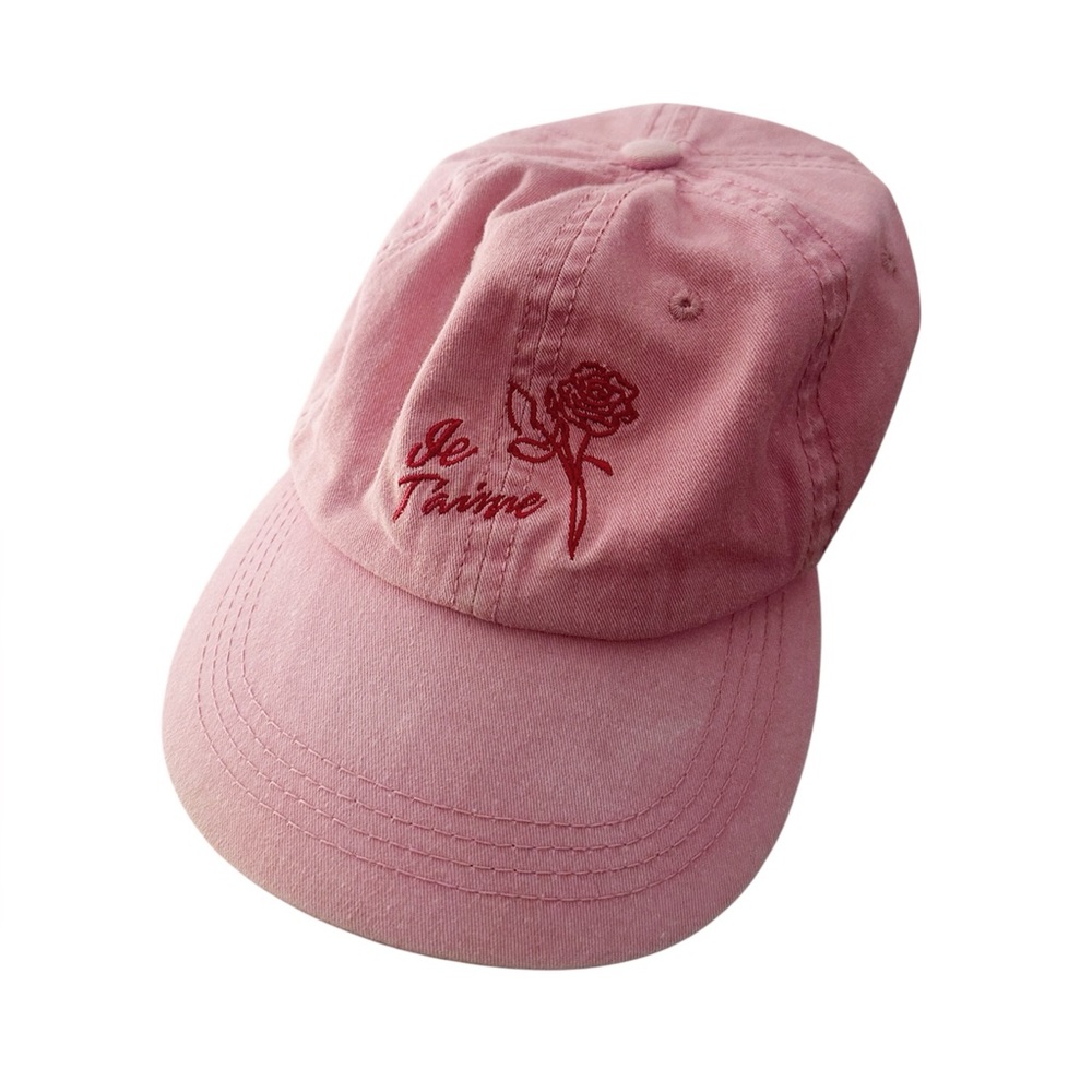 Je T'aime Rose Embroidered Baseball Cap Hat Pink Red